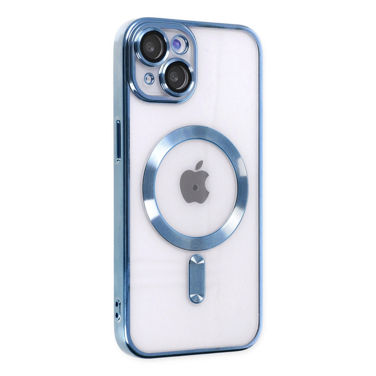 Mavi kenarlı, kameralı ve Apple logolu şeffaf iPhone kılıfı.