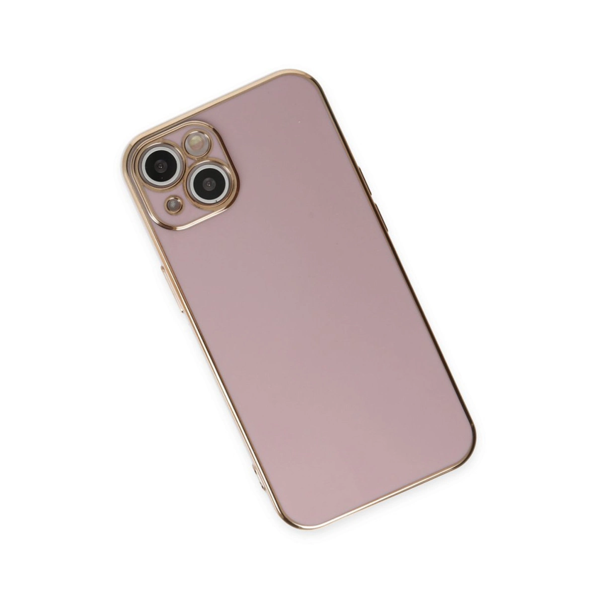 Beyaz arka plan üzerinde altın çerçeveli ve kamera lensli pembe telefon kılıfı.