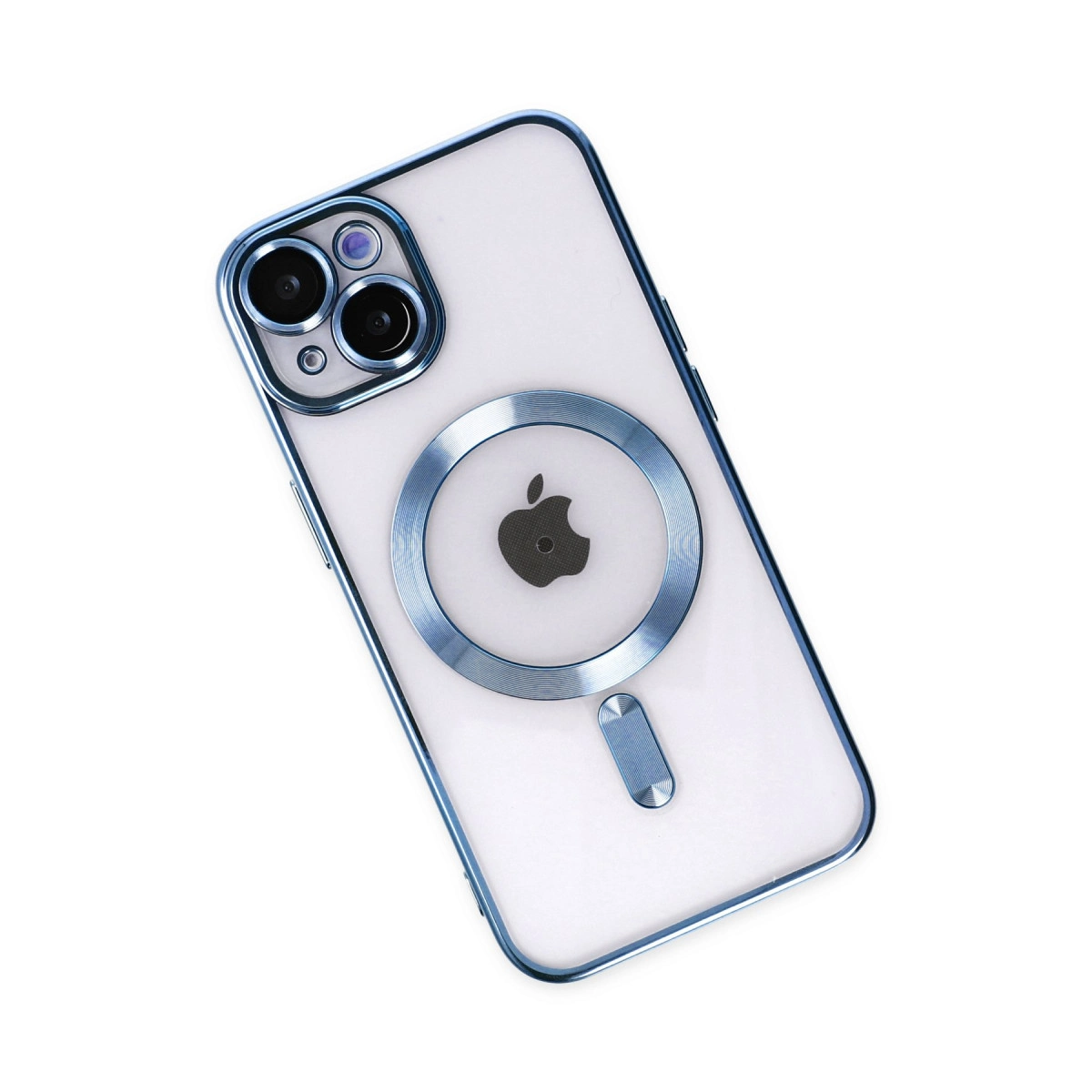Mavi kenarlı ve kamera modüllü şeffaf iPhone kılıfı.