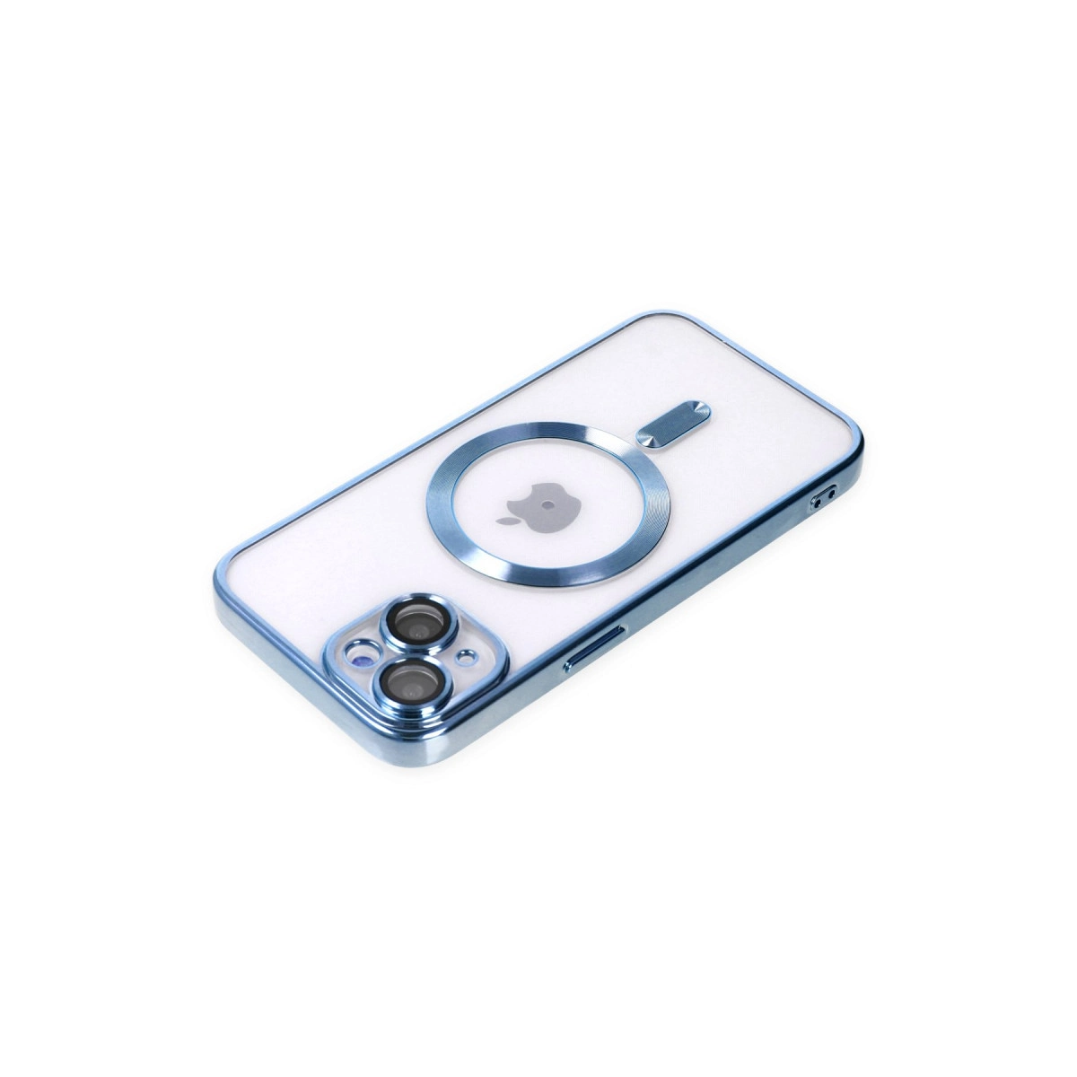 Mavi kenarlı ve MagSafe halkalı şeffaf telefon kılıfı.