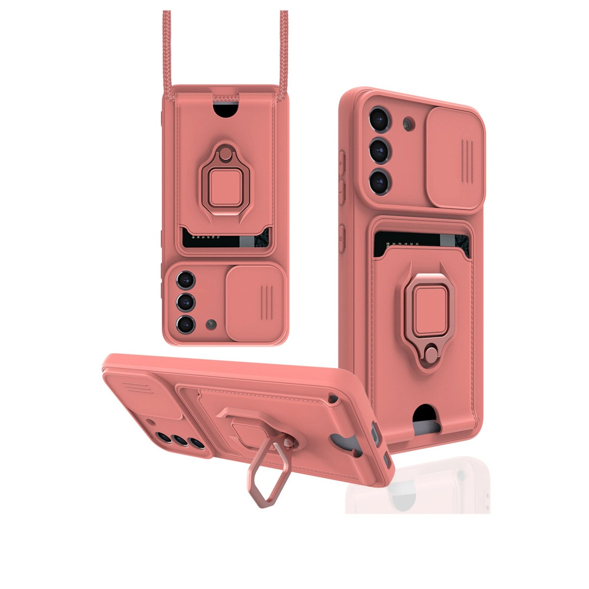 Kart tutucu, halka ve kayar kapaklı mercan pembe telefon kılıfı.