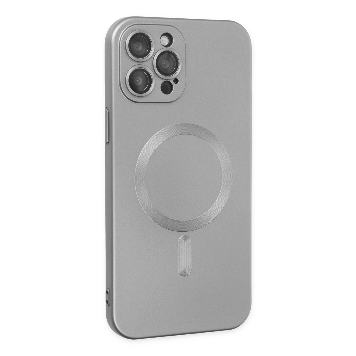 Arkada üç kamera ve manyetik halka bulunan gri telefon kılıfı.