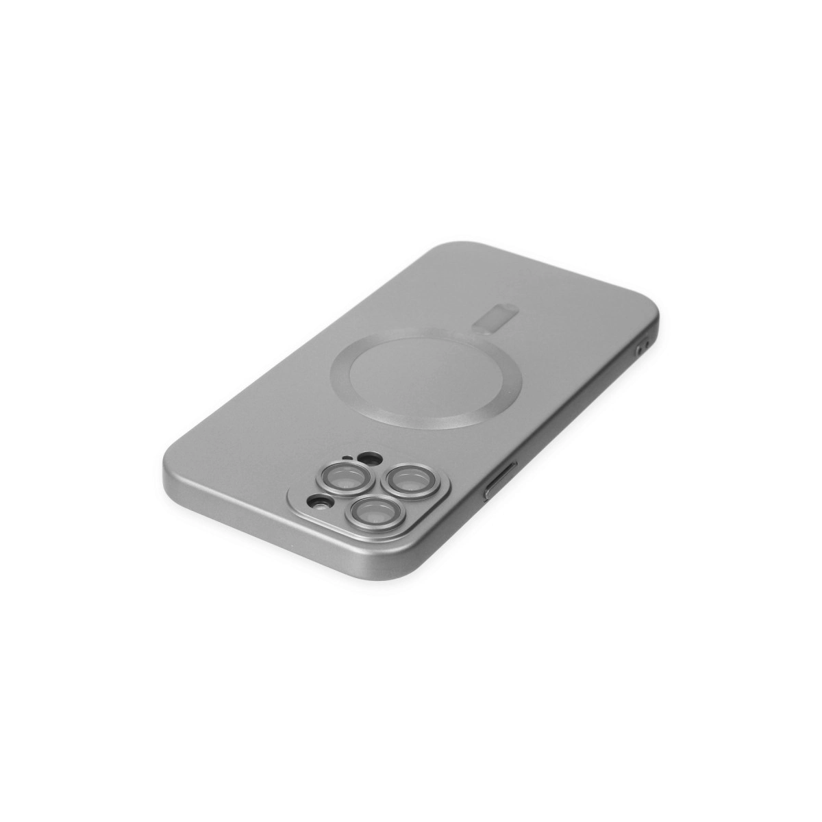 Mıknatıslı şarj halkası ve üç lensli gri telefon kılıfı.