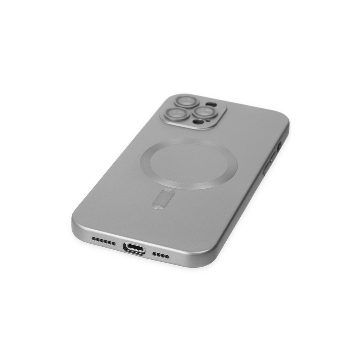 MagSafe şarj cihazlı ve lensli gümüş akıllı telefon.