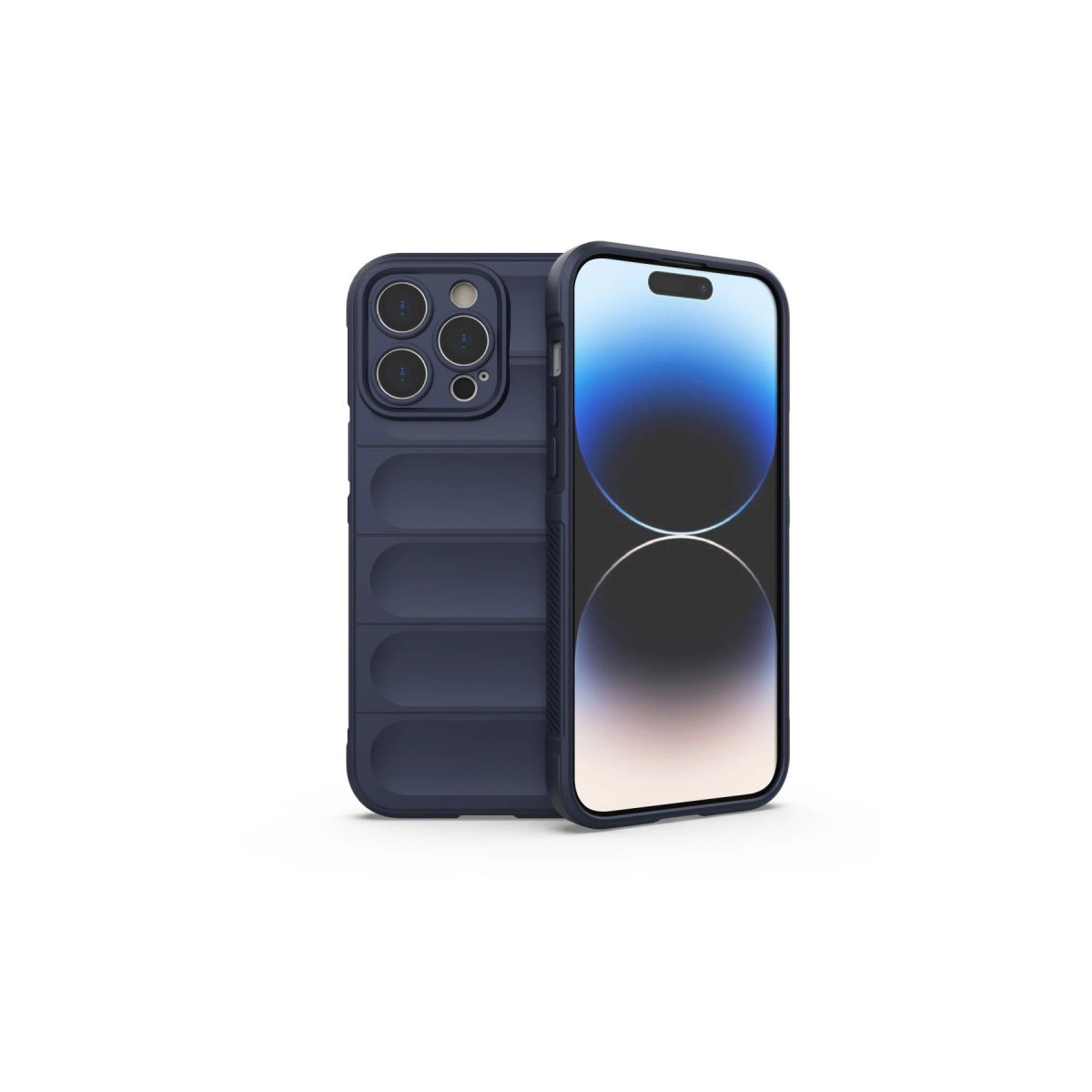 Arka ve yan kılıflı, koyu mavi bir iPhone.
