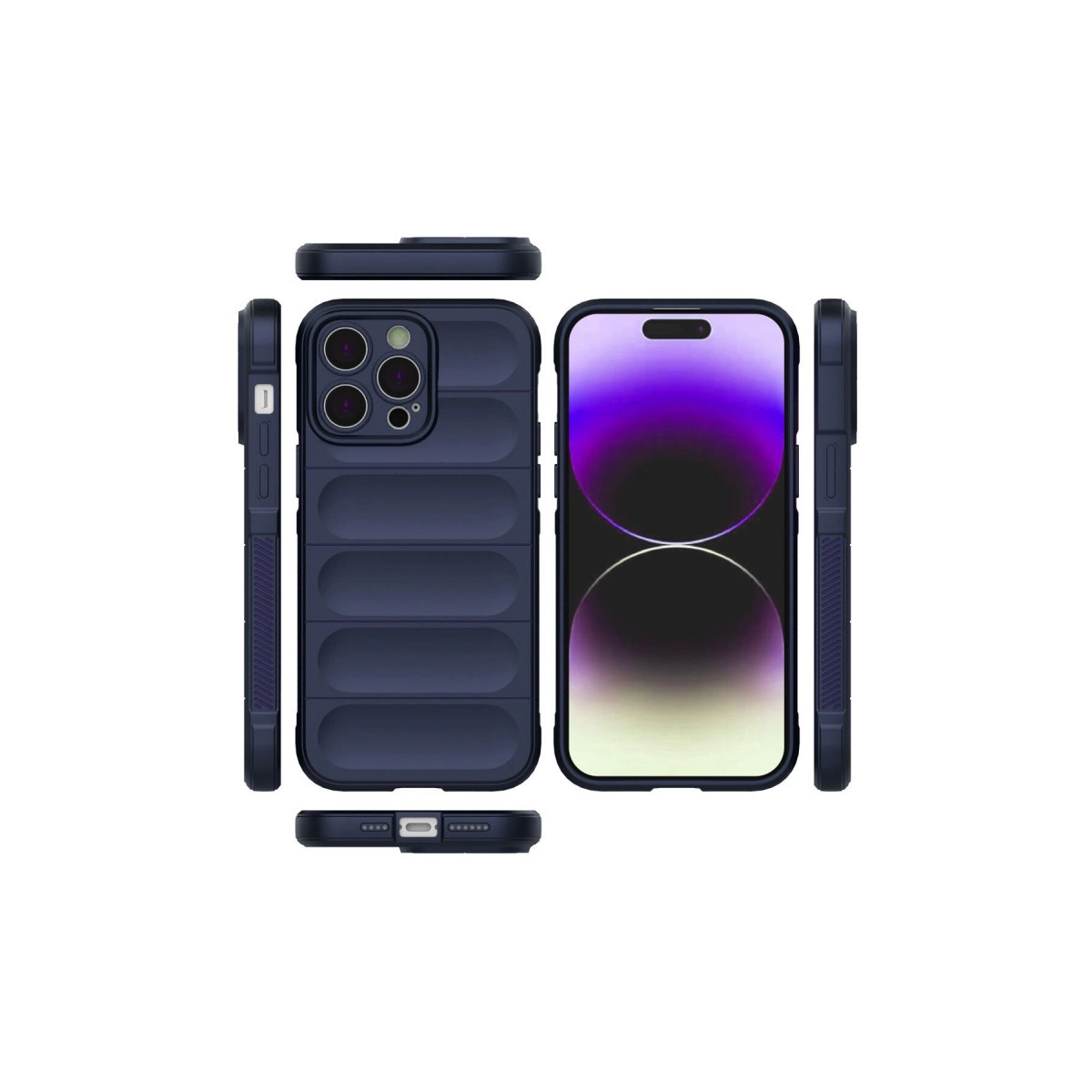 Kamera kesimli ve yatay çıkıntılı lacivert telefon kılıfı.