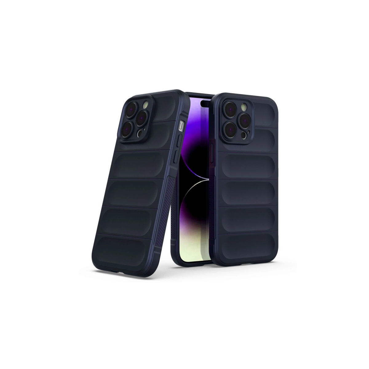 Yan yana duran iki koyu mavi dolgulu telefon kılıfı, beyaz zeminde.
