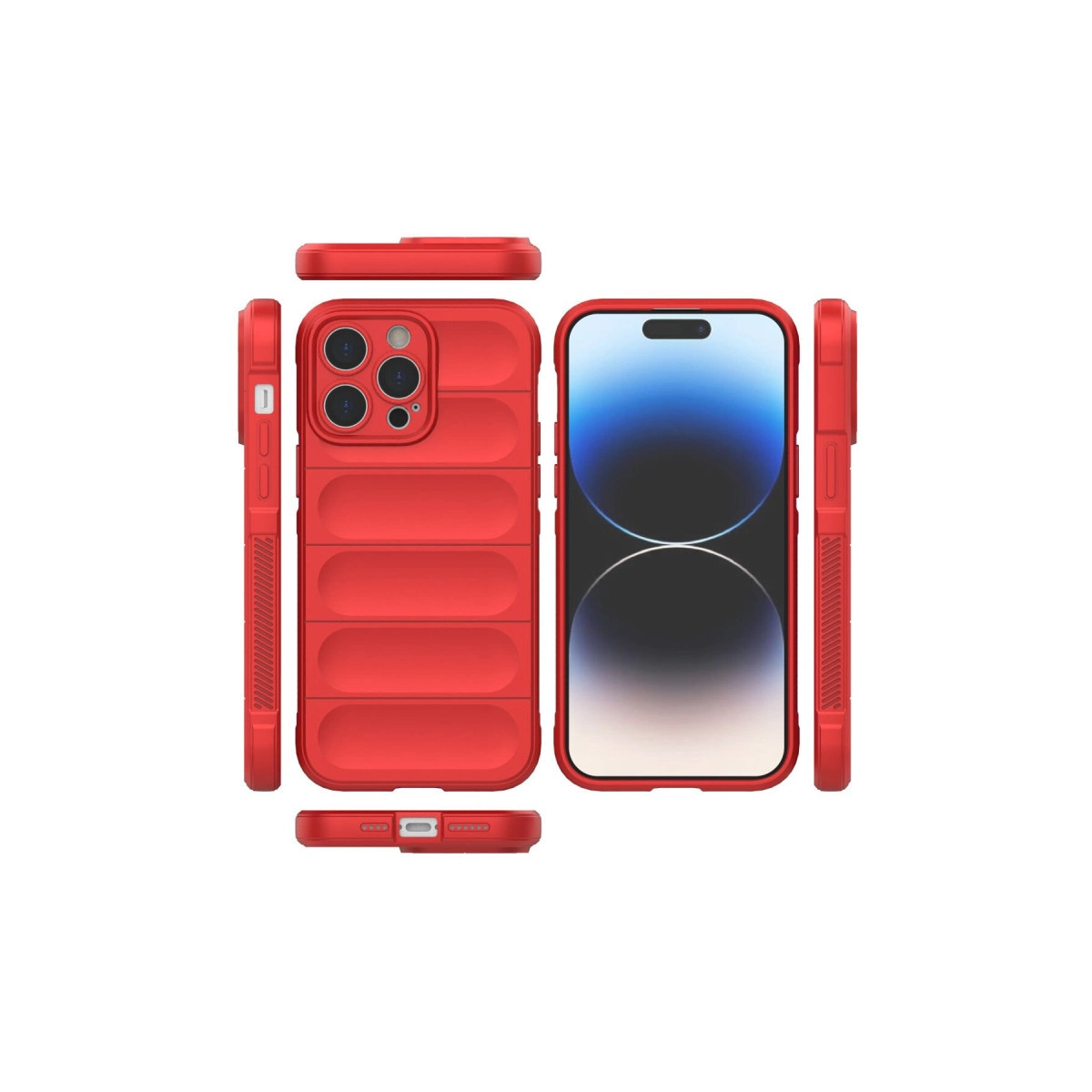 Kırmızı kapitone telefon kılıfı, iPhone ekranıyla çeşitli açılardan gösteriliyor.