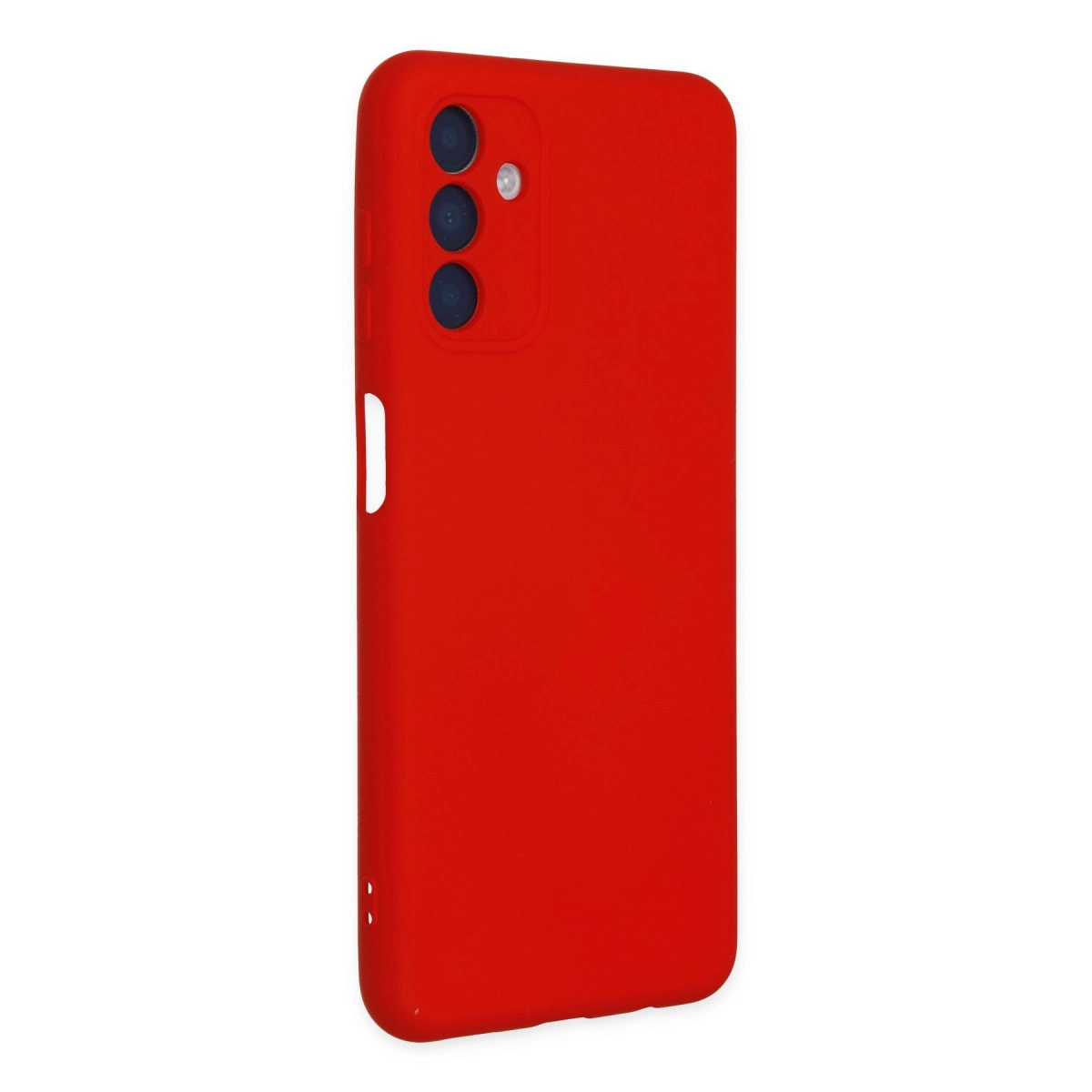 Arkada üç kamera lensi ve flaşı olan kırmızı telefon kılıfı.
