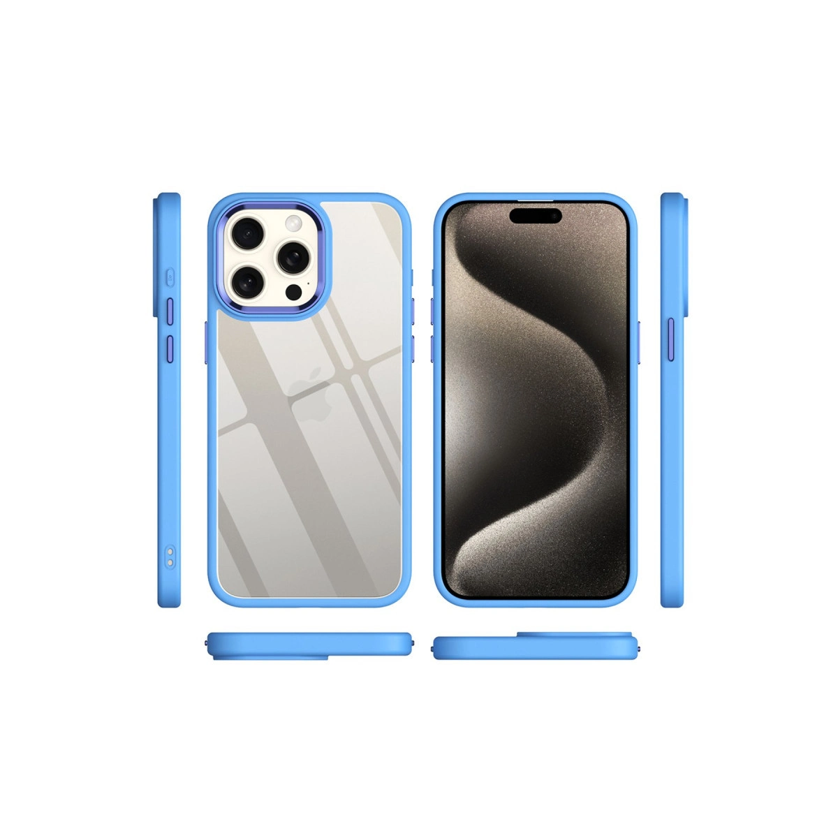 Şeffaf arka ve kamera lensli mavi telefon kılıfı.