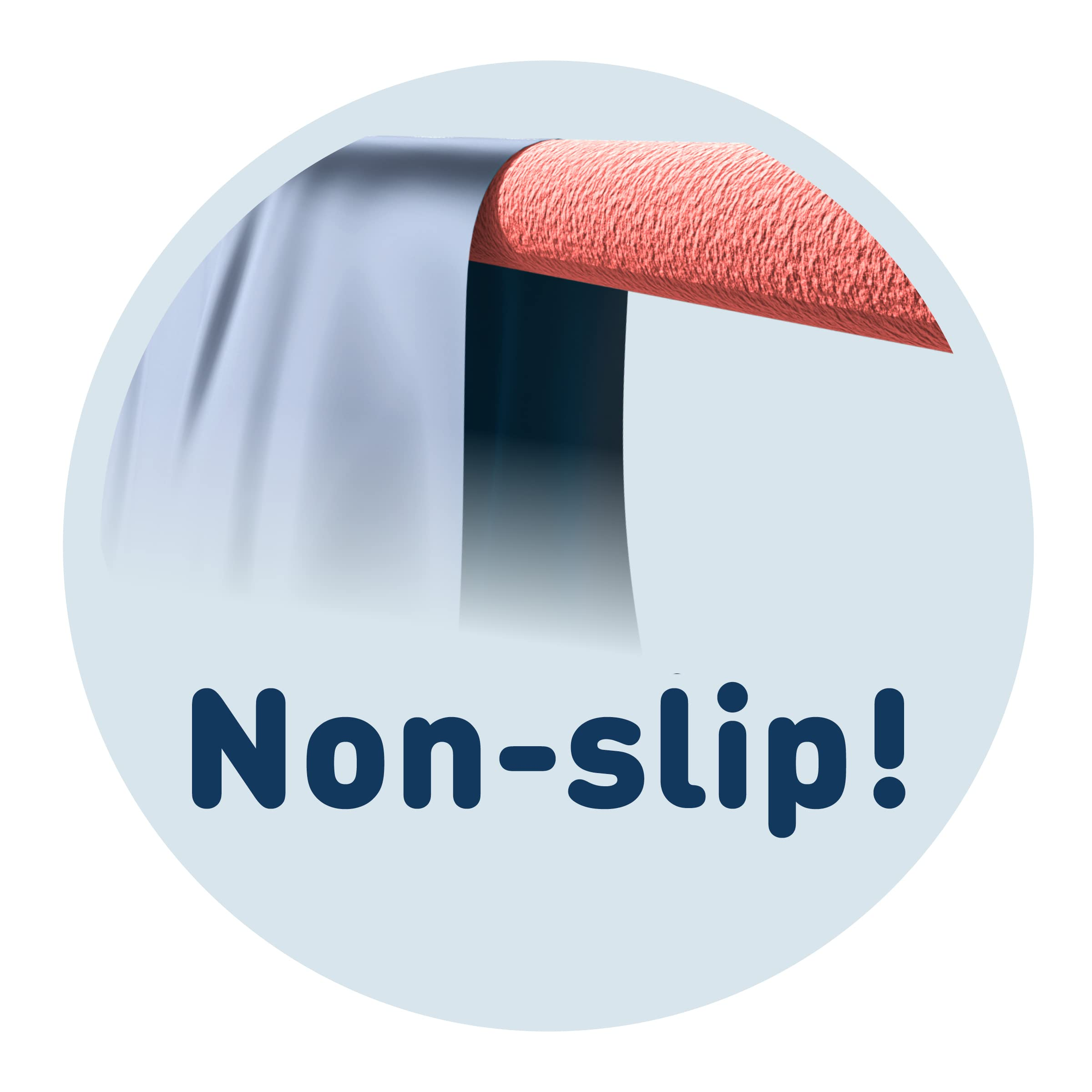 Tissu gris s'enroule autour d'un fil corail. Texte: Antidérapant !