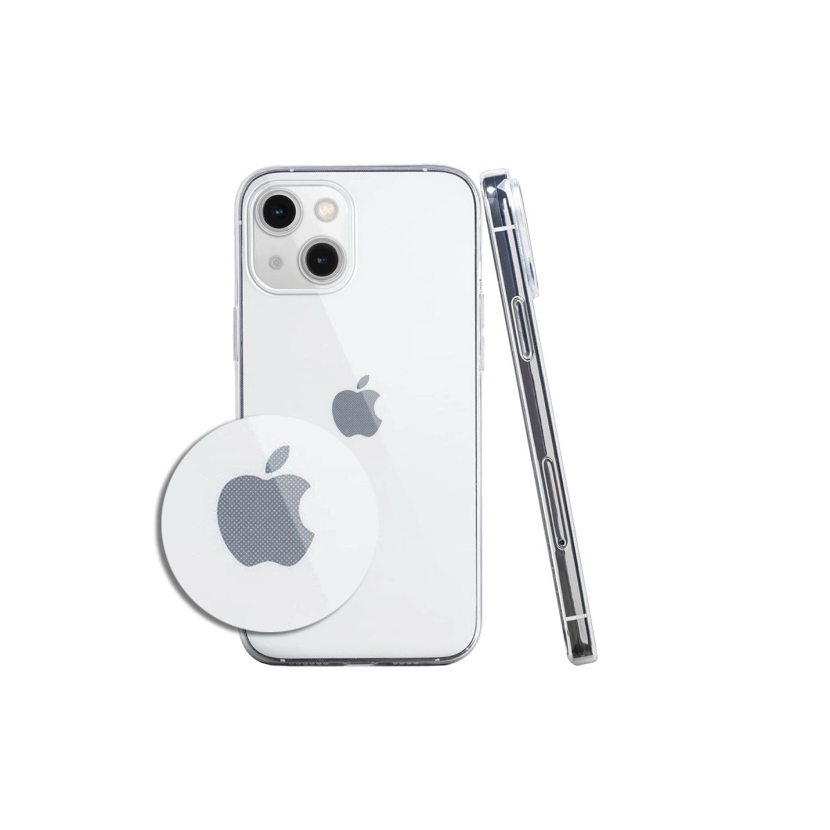 Şeffaf kılıflı beyaz iPhone, üzerinde Apple logosu bulunan yuvarlak çıkartmanın yanında.