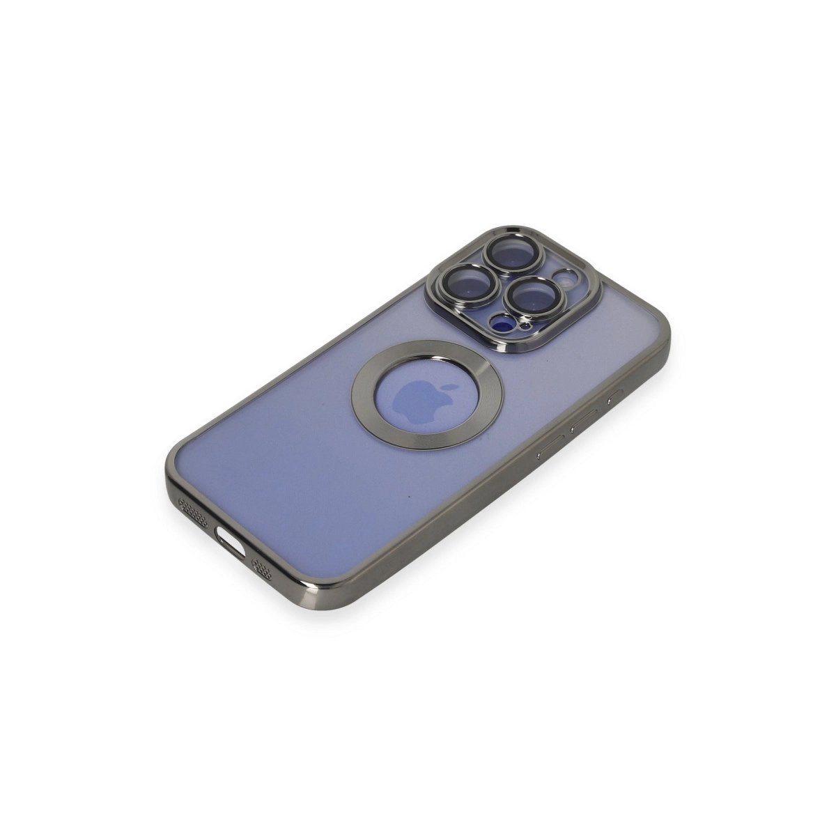Kamera korumalı ve Apple logolu mor iPhone kılıfı.