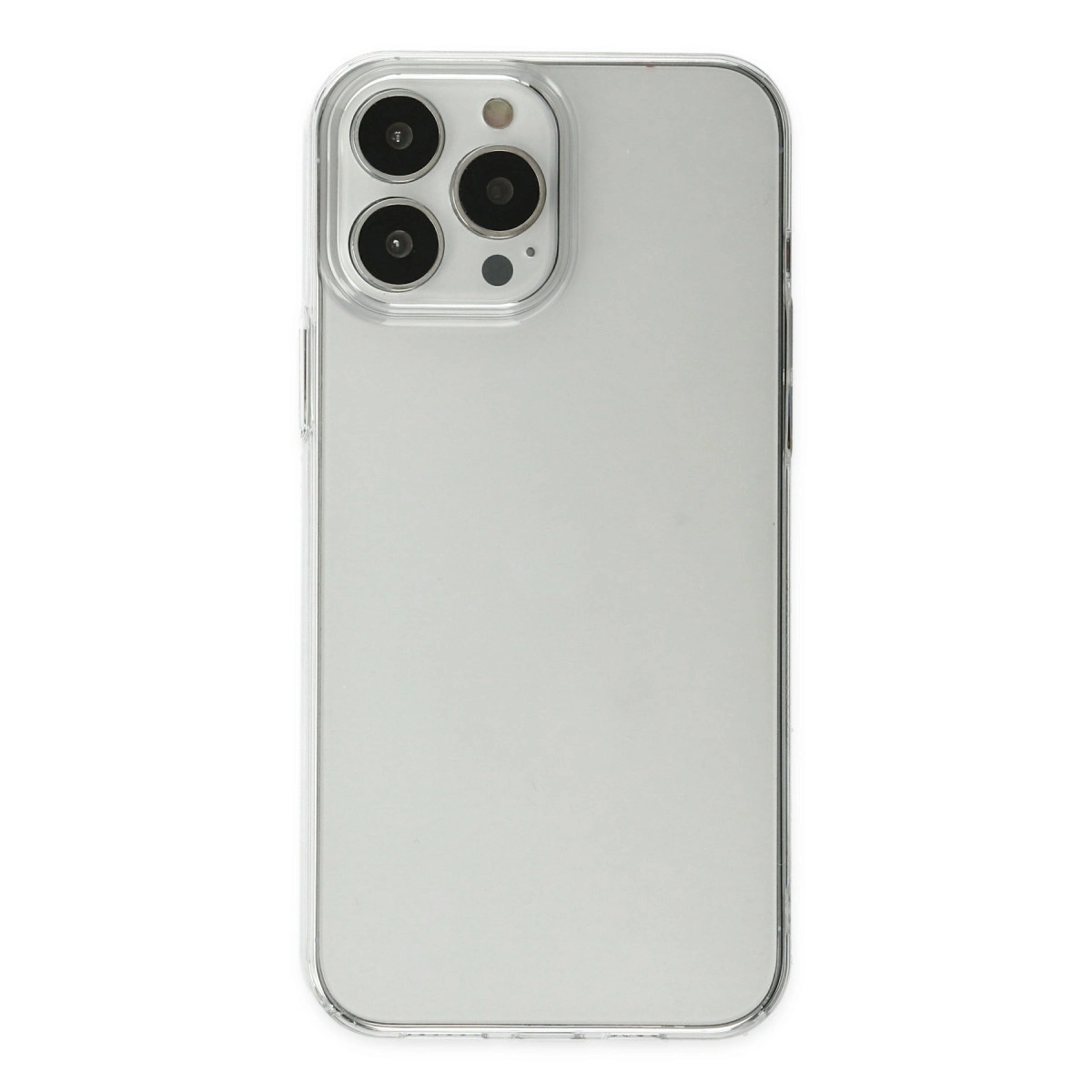 Üçlü kamera sistemli şeffaf iPhone kılıfının arkası.