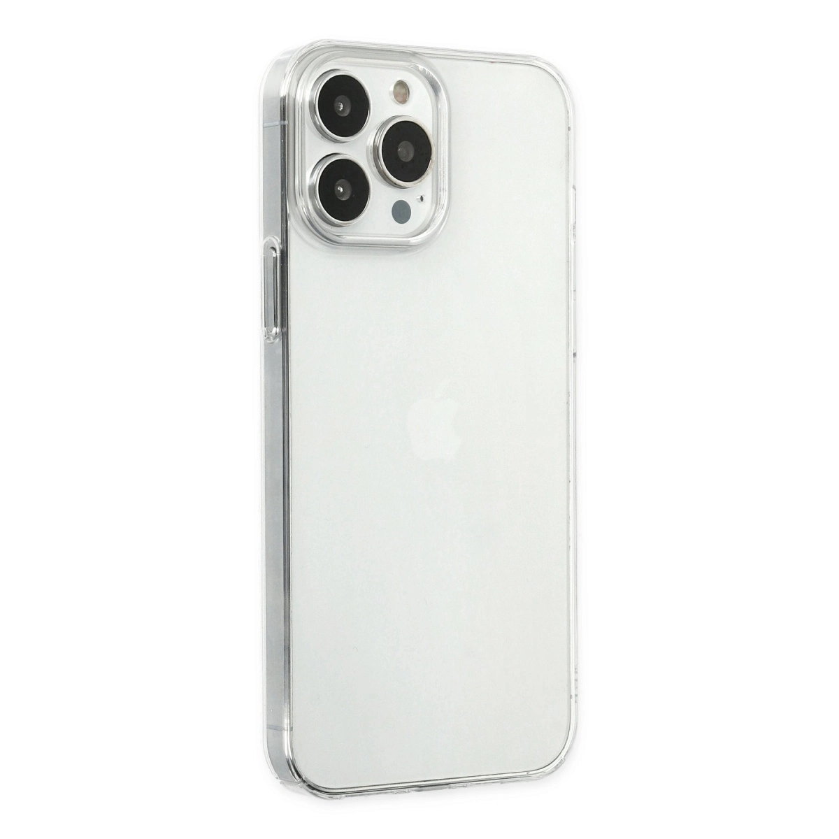 Üç kameralı beyaz iPhone üzerinde şeffaf telefon kılıfı.