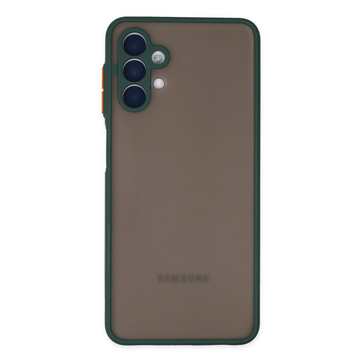 Koyu yeşil çerçeveli, üç lensli kahverengi Samsung telefonun arka yüzü.