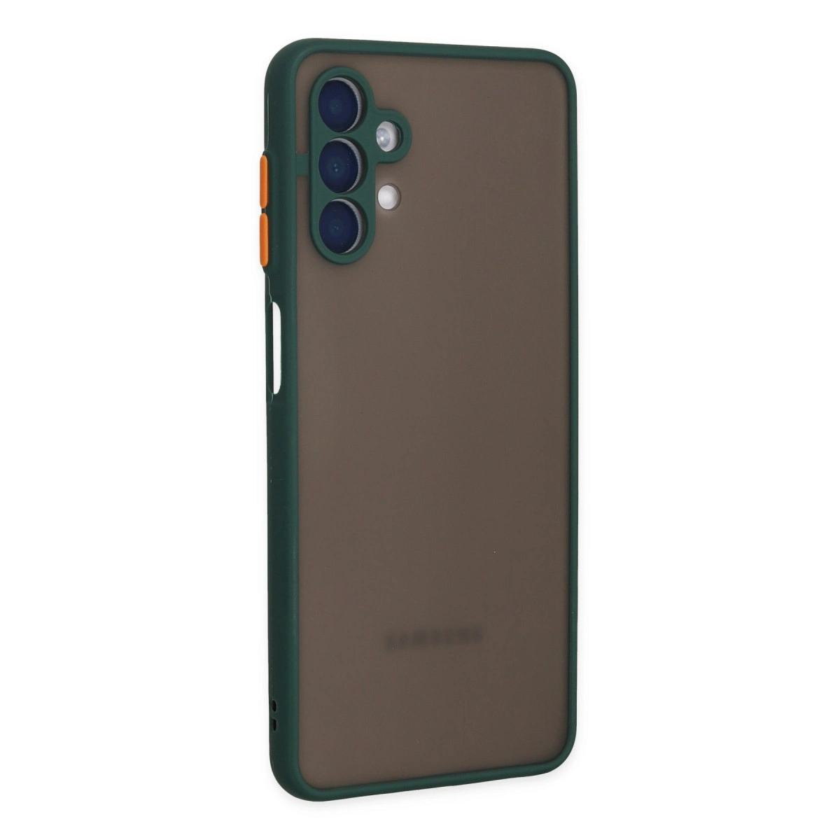 Dumanlı kahverengi arka ve üç kamera lensli koyu yeşil telefon kılıfı.