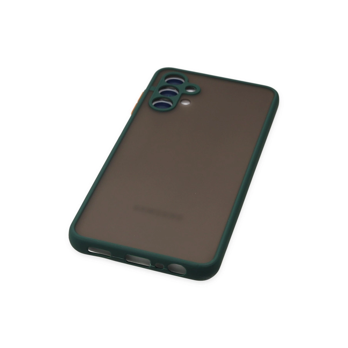 Koyu yeşil kenarlı ve kamera kesimli koyu kahverengi telefon kılıfı.