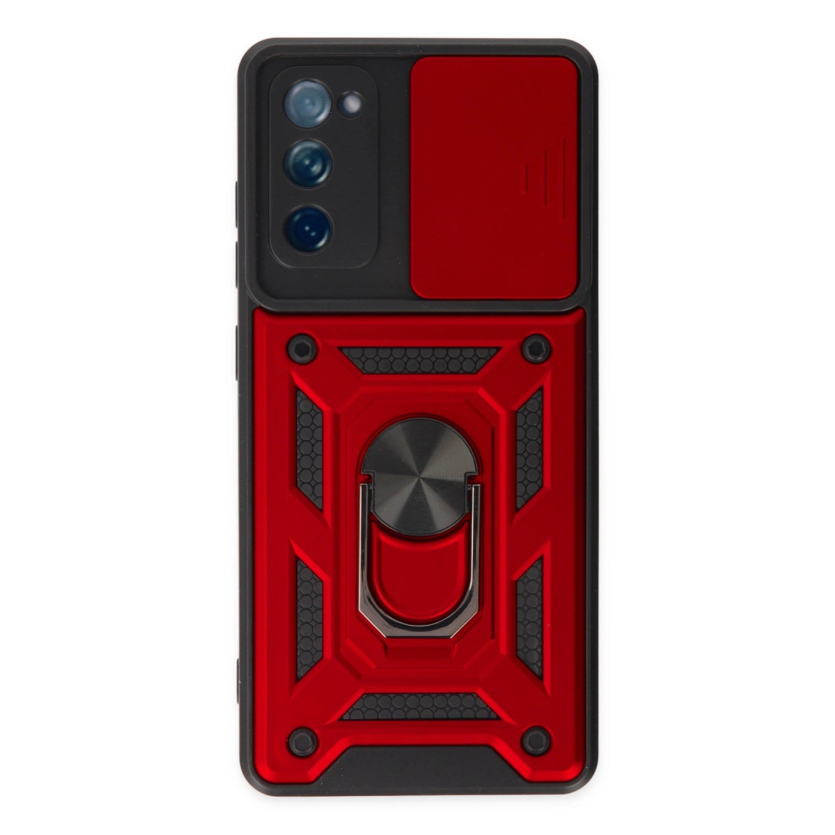 Kamera kapaklı, halka tutuculu, petek desenli kırmızı telefon kılıfı.