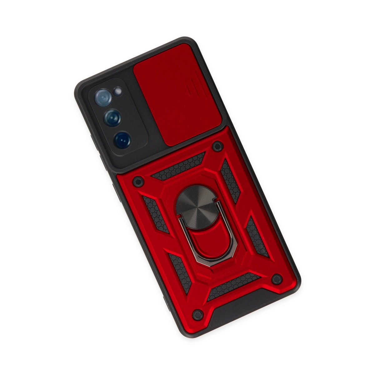 Kamera kapaklı ve halka tutuculu kırmızı ve siyah telefon kılıfı.