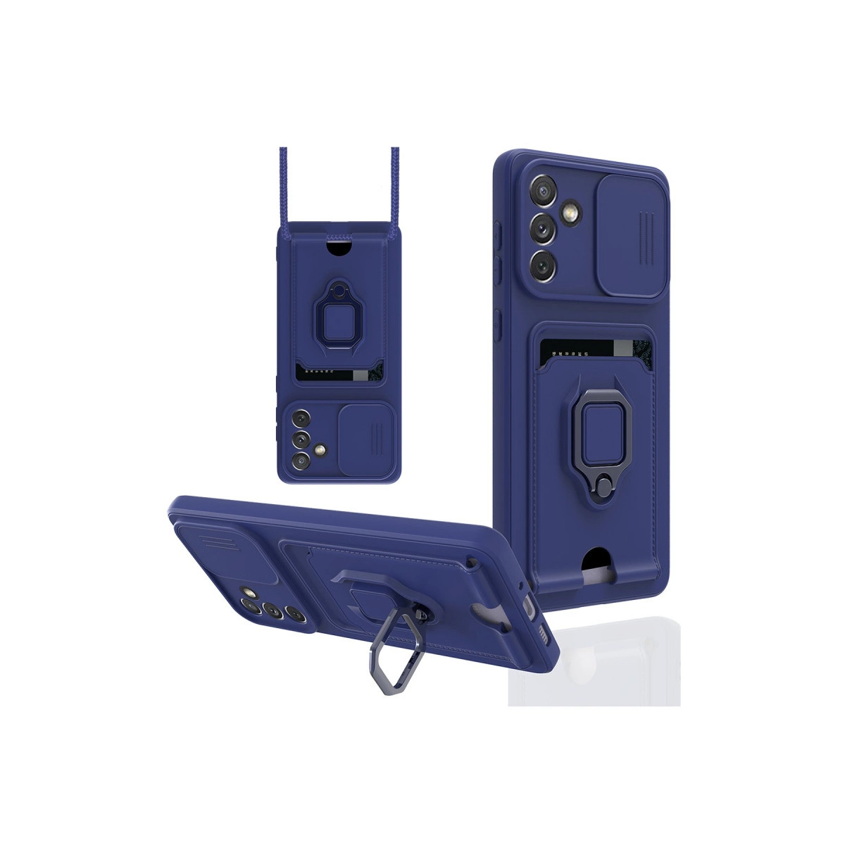 Koyu mavi telefon kılıfı, kayar kamera kapağı, halka tutucu ve kayışlı.