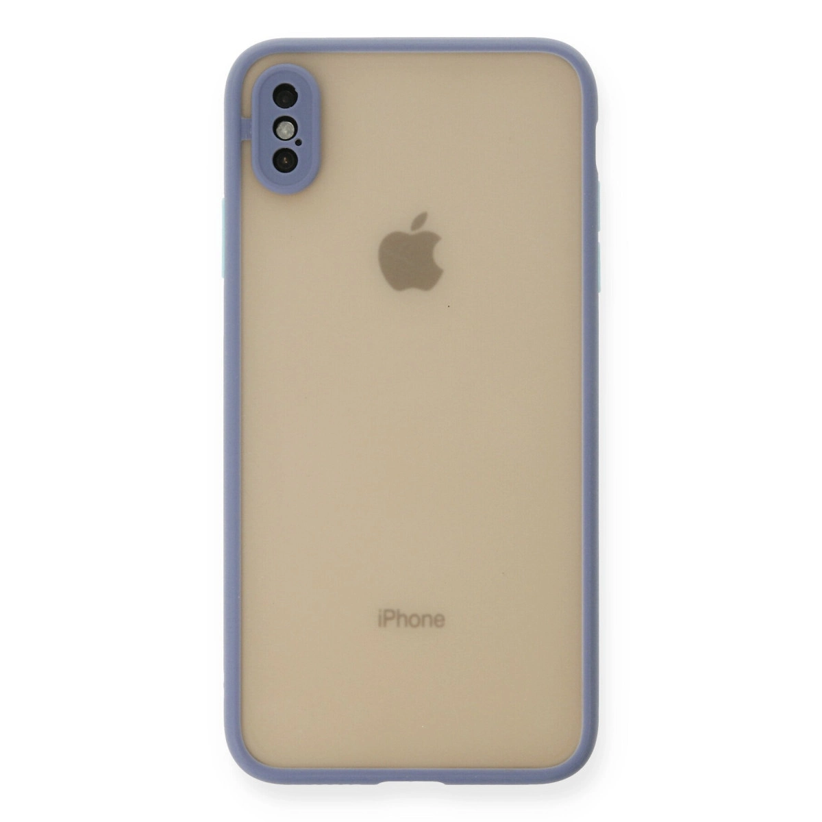 Mavi çerçeveli şeffaf iPhone kılıfı, Apple logosu görünüyor.