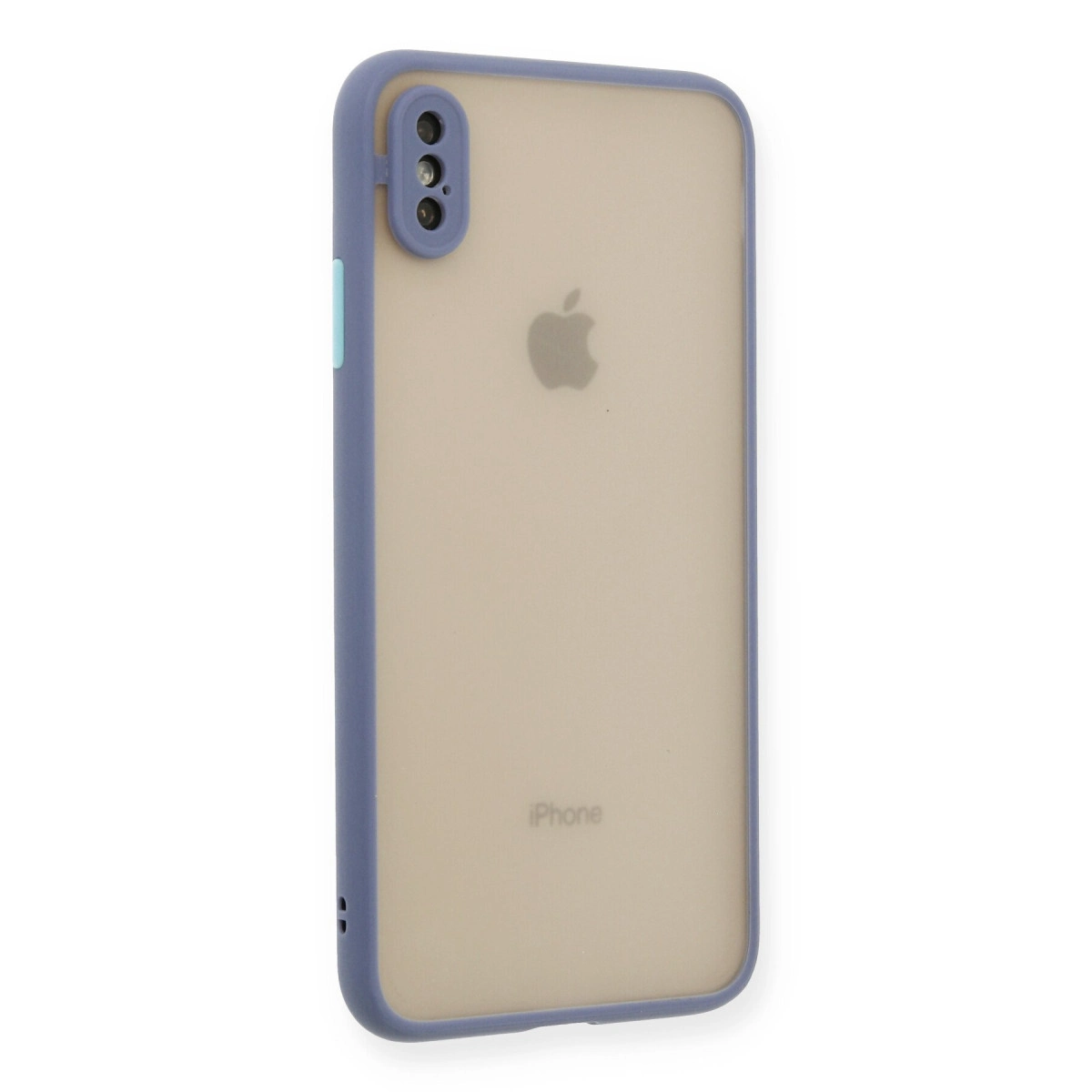Arkada Apple logosu ve mor kılıfı olan açık kahverengi iPhone.