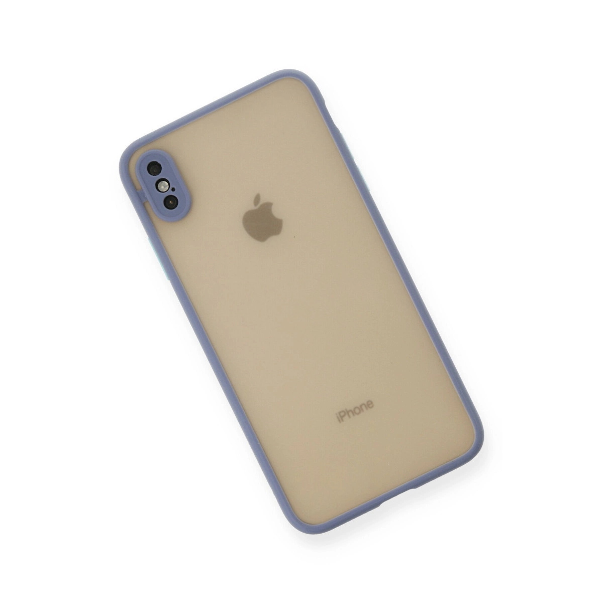 Mor çerçeveli, şeffaf iPhone ve çift kamera lensi.