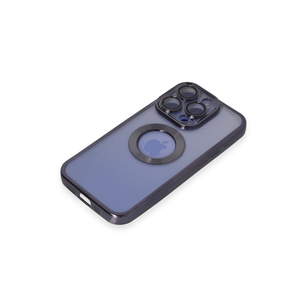 Kameralı ve Apple logolu koyu mavi iPhone kılıfı.