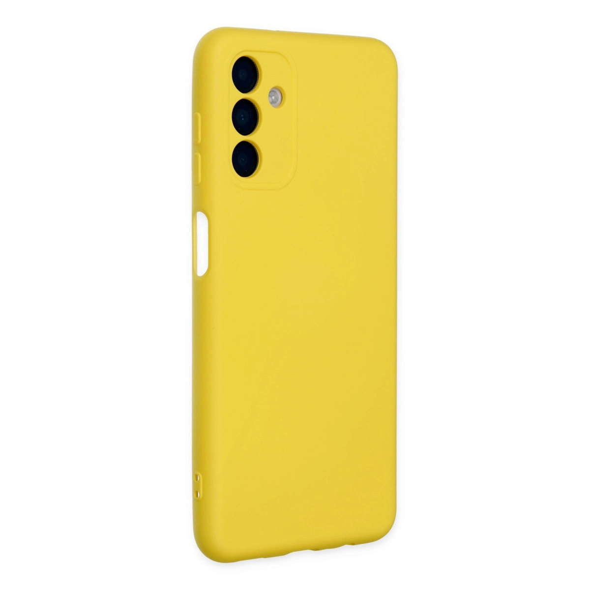 Üç kamera lensli ve flaşlı sarı telefon kılıfı.