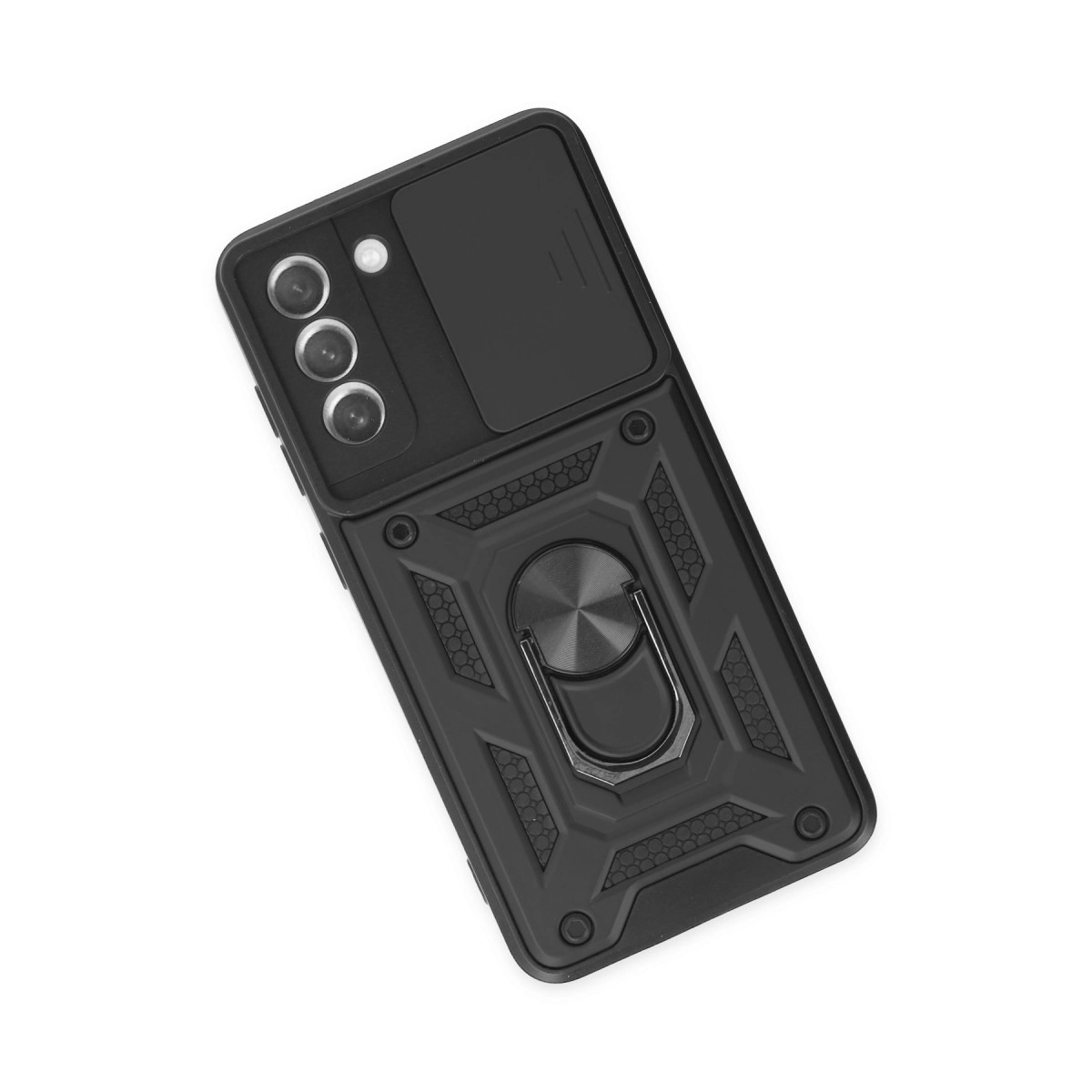 Kamera kapaklı ve halka tutuculu siyah telefon kılıfı.