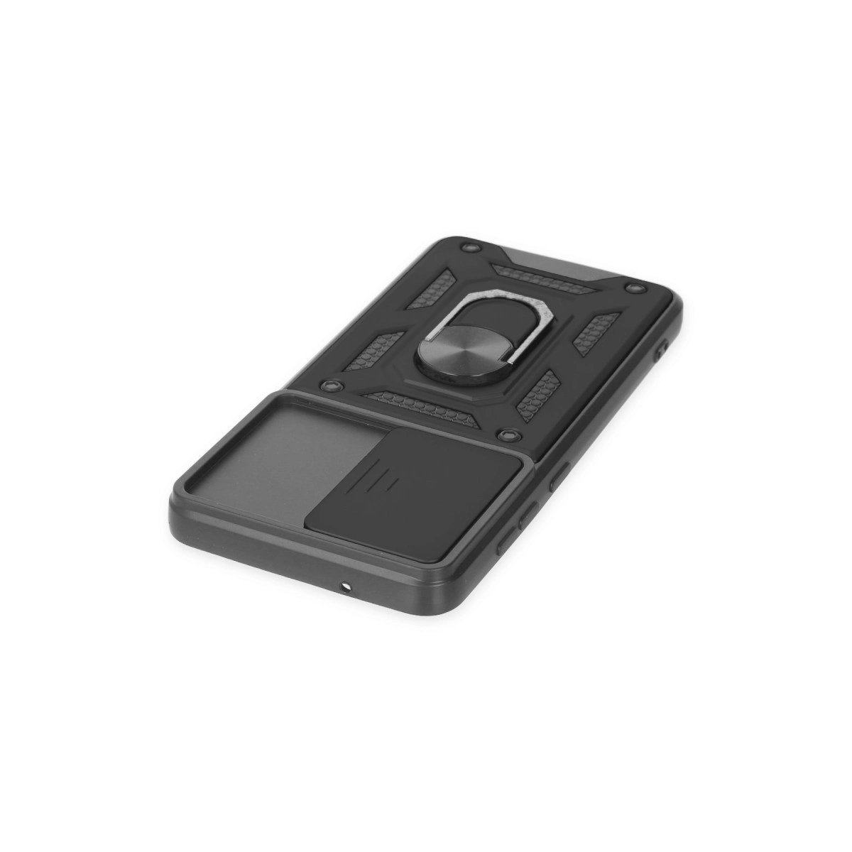 Halka tutuculu ve kayar bölmeli siyah telefon kılıfı. Dokulu tasarım.