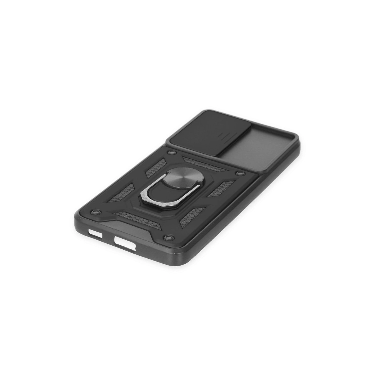 Halka tutuculu ve kayar kamera kapaklı siyah telefon kılıfı.
