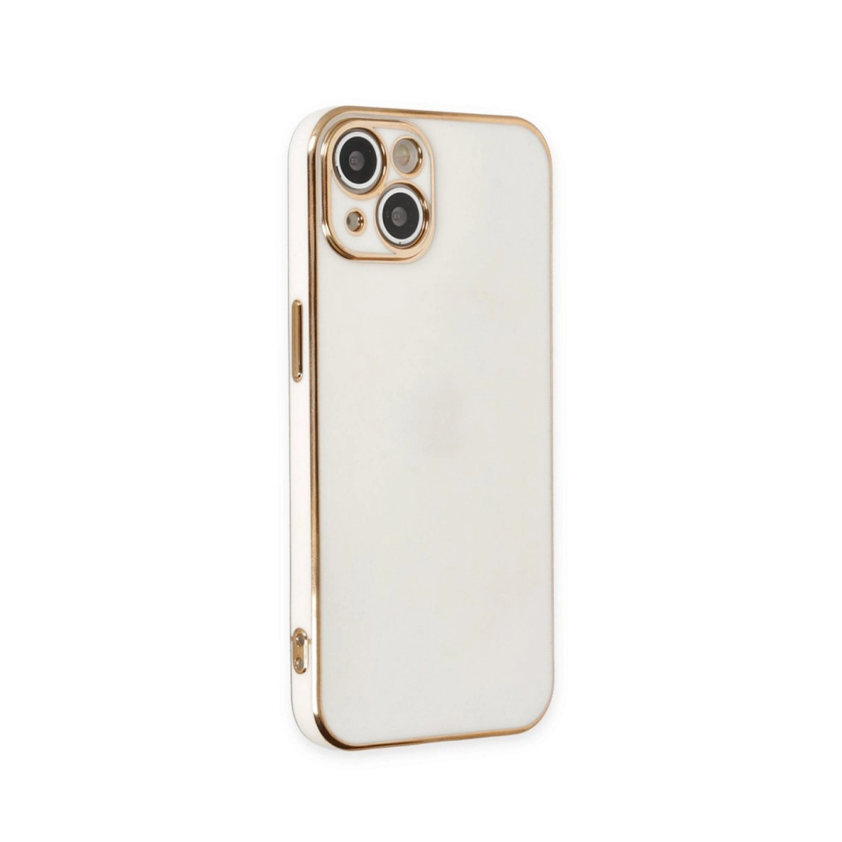 Altın çerçeveli beyaz iPhone kılıfı ve kamera lensleri.