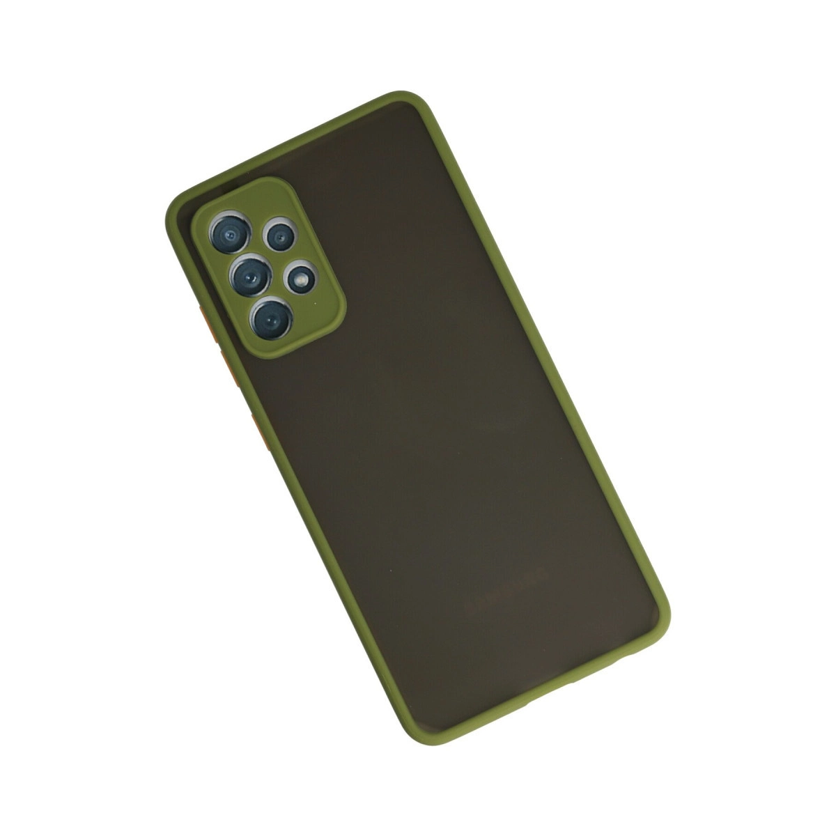 Yeşil kenarlı, koyu kahverengi telefon kılıfı ve kamera lensleri.