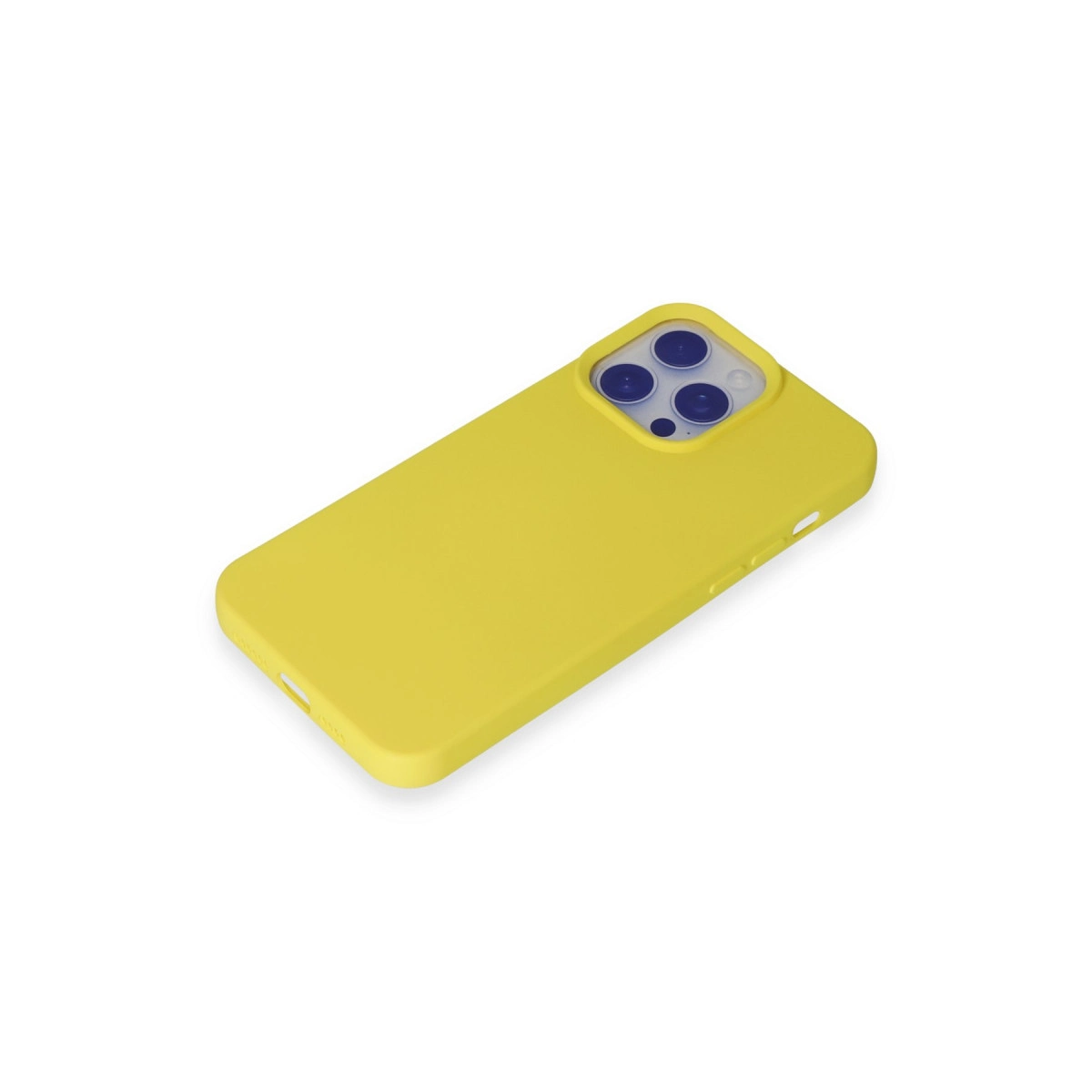 Kamera modüllü sarı iPhone kılıfı. Beyaz arka plan.