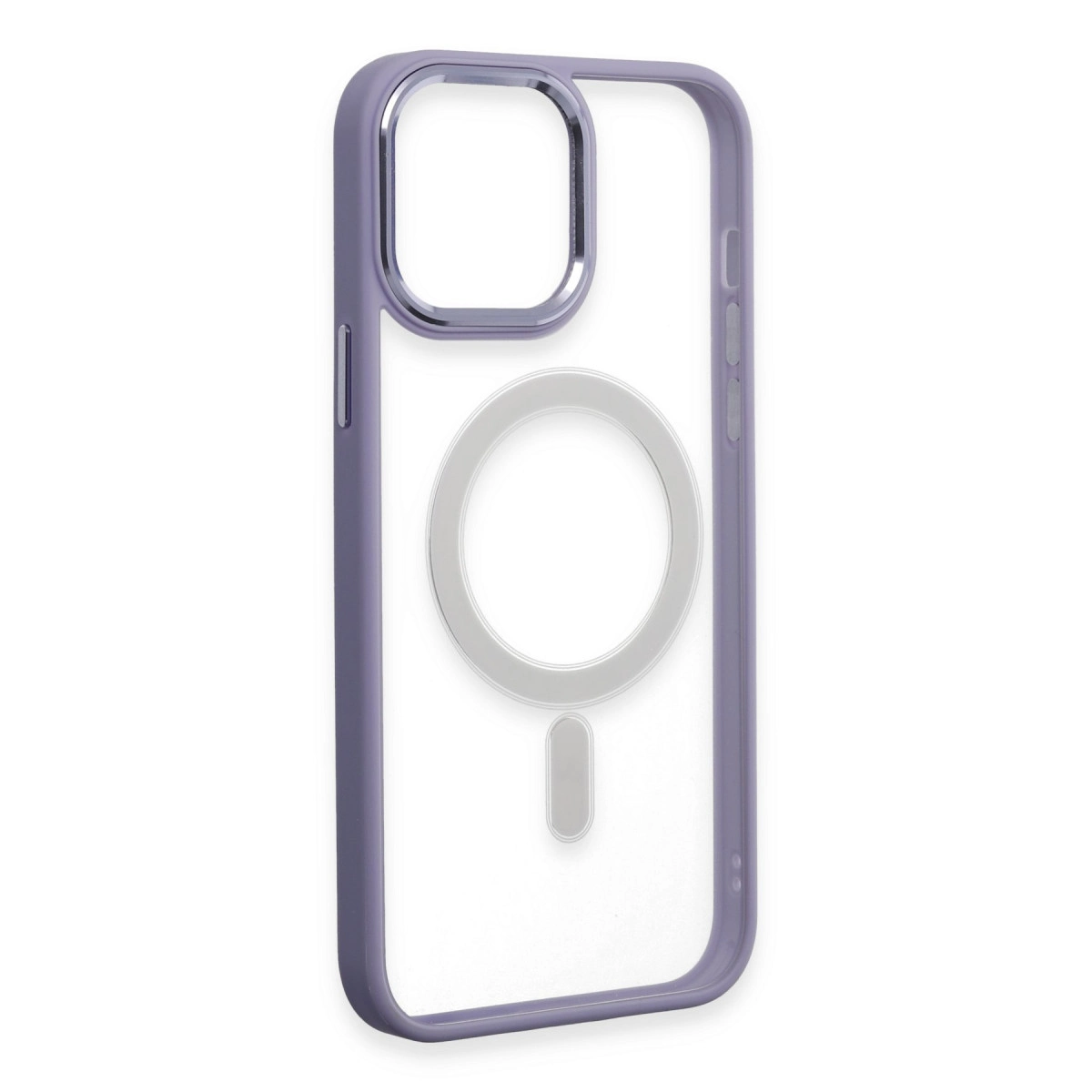 Şeffaf arka ve manyetik halkalı mor iPhone kılıfı.