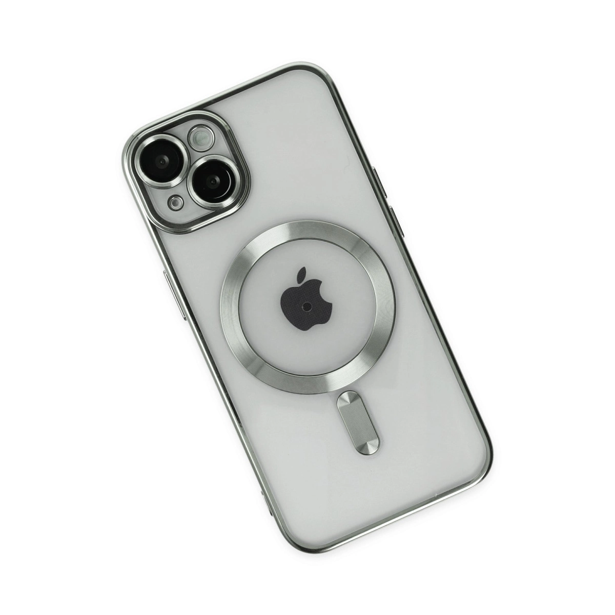 Gümüş çerçeveli, Apple logolu, şeffaf iPhone kılıfı ve kamera lensleri.