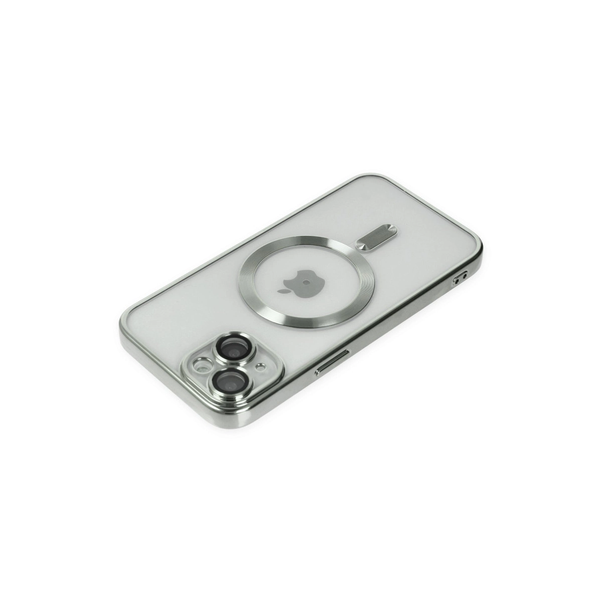 Gümüş kenarlı ve kamera korumalı şeffaf iPhone kılıfı.