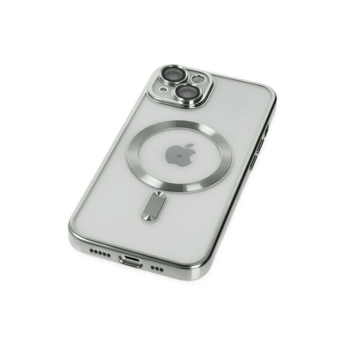 Apple logosu, üç kamera ve MagSafe halkası bulunan gümüş iPhone kılıfı.