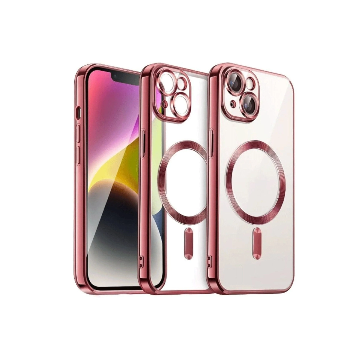 Yanında iki şeffaf kılıf olan rose gold iPhone.