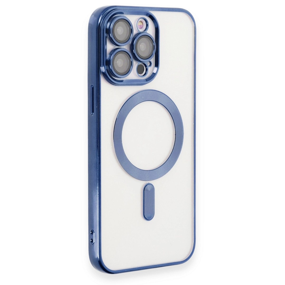 Üç kameralı mavi çerçeveli iPhone kılıfı, manyetik halka.