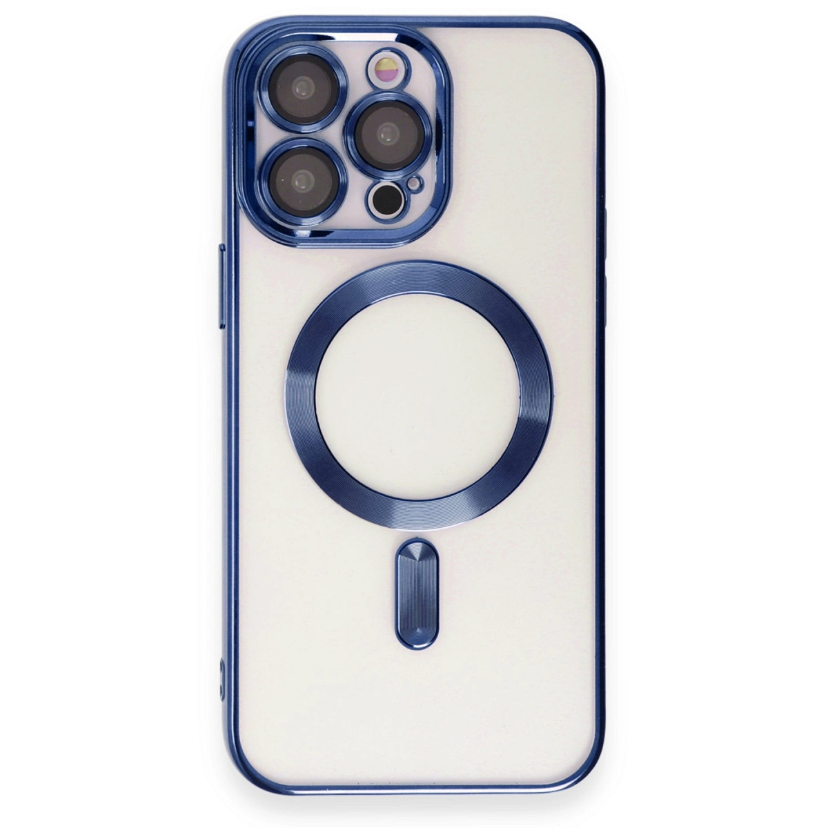 Mavi metal çerçeveli ve kamera modüllü beyaz telefon kılıfı.