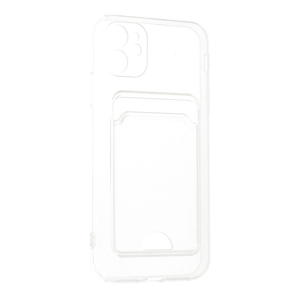 Kart yuvalı ve kamera kesimli şeffaf telefon kılıfı.