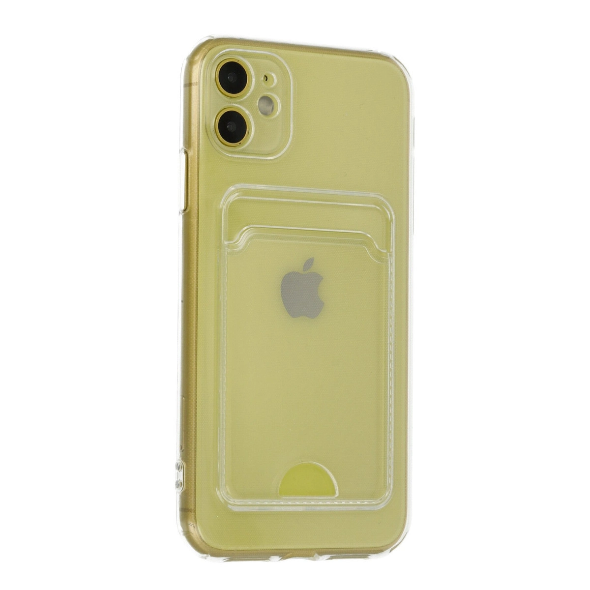 Kılıflı sarı iPhone, şeffaf kılıf ve kart tutucu.