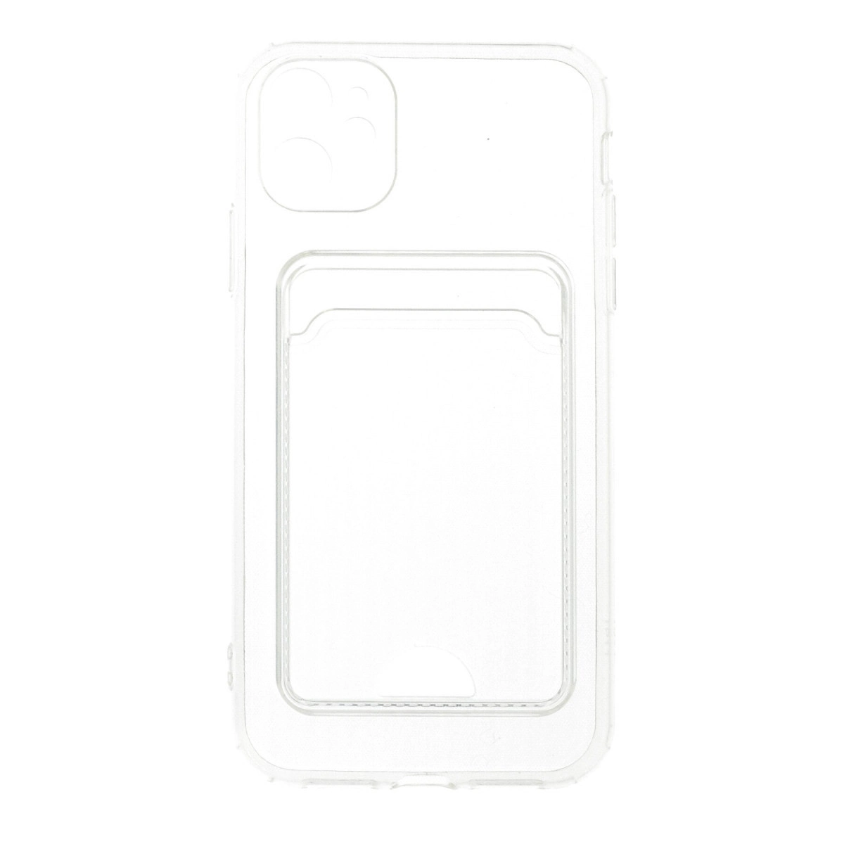 Kart yuvalı ve kamera kesimli şeffaf telefon kılıfı.