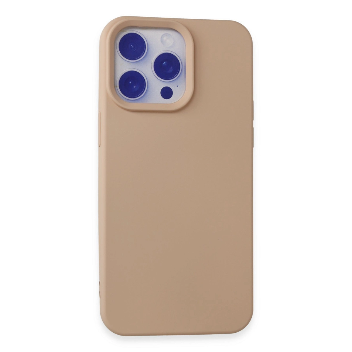 Üç lensli kamera modülüne sahip bej telefon kılıfı.