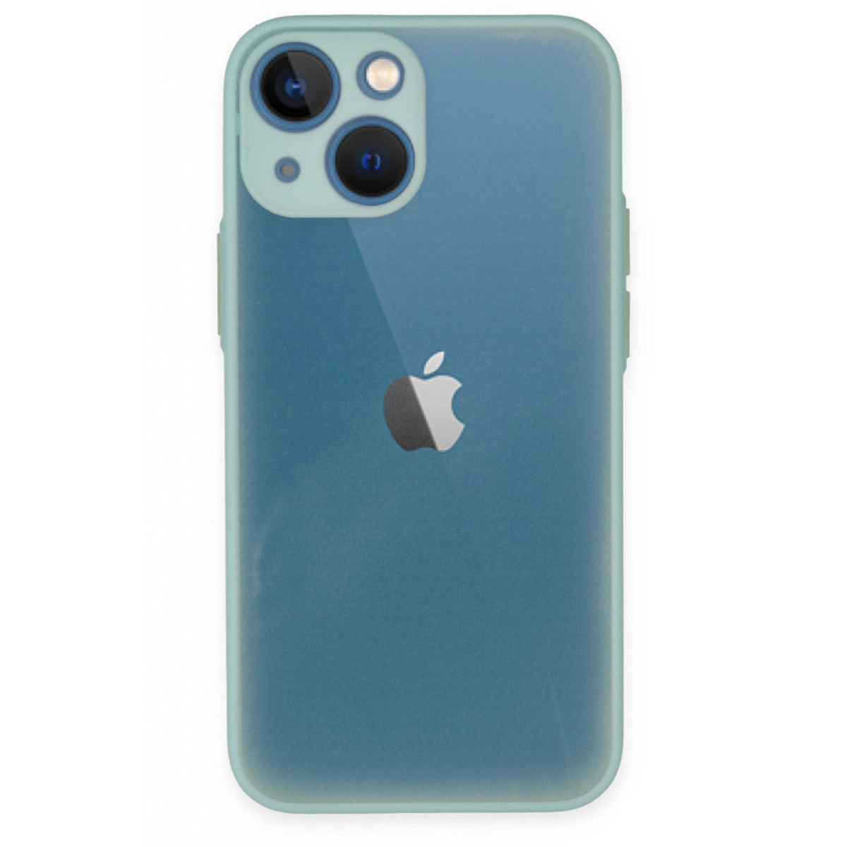 Üç kameralı ve Apple logosu olan turkuaz iPhone arka yüzü.