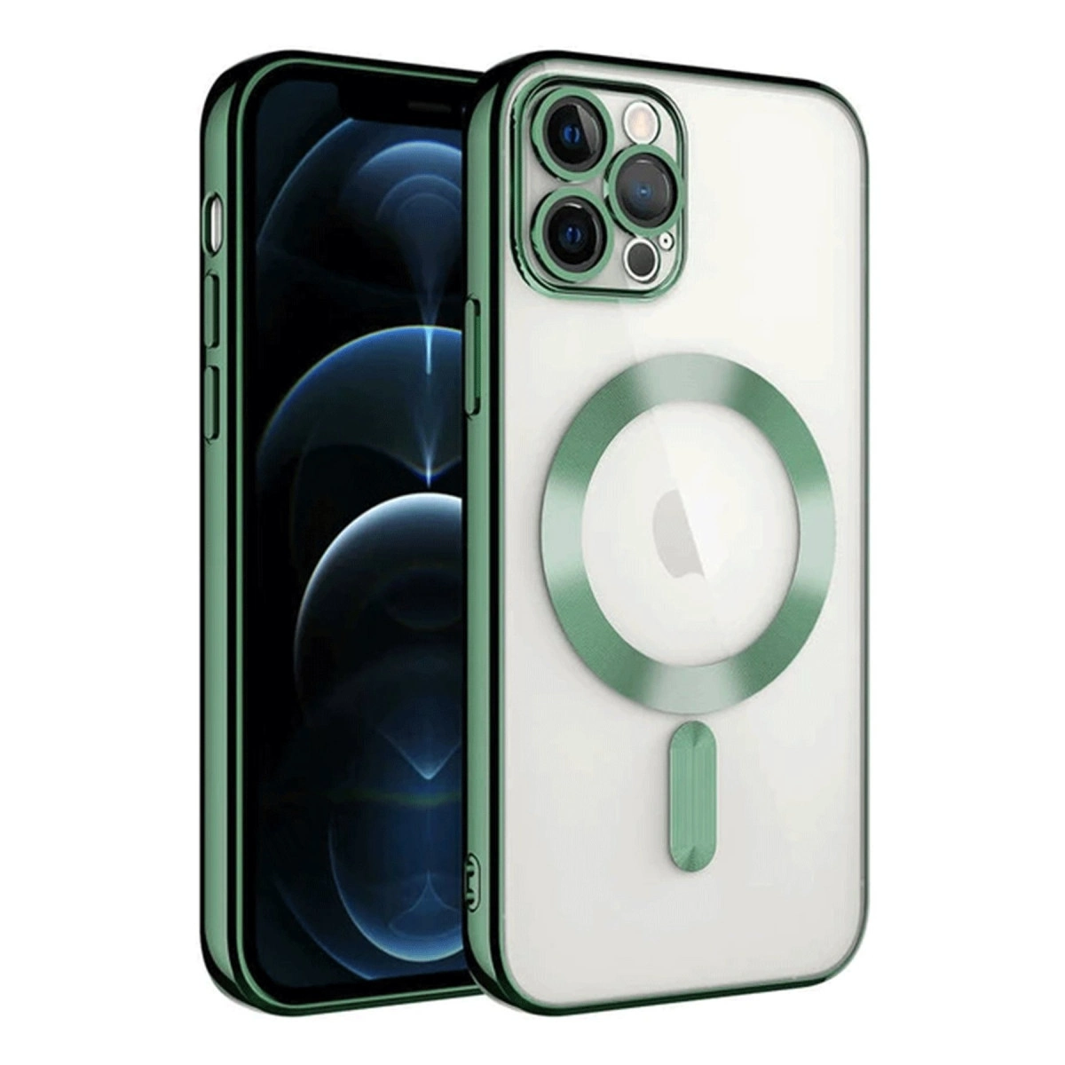 Yeşil iPhone, kamera ve manyetik halkayı gösteren şeffaf kılıflı.