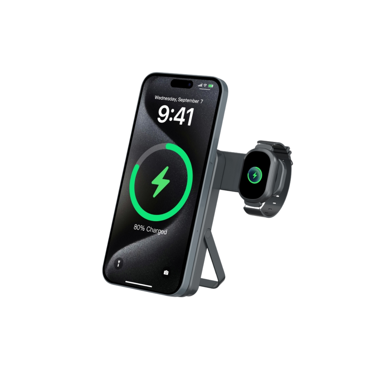 iPhone ve Apple Watch'lu gri şarj cihazı, ikisi de şarj oluyor.